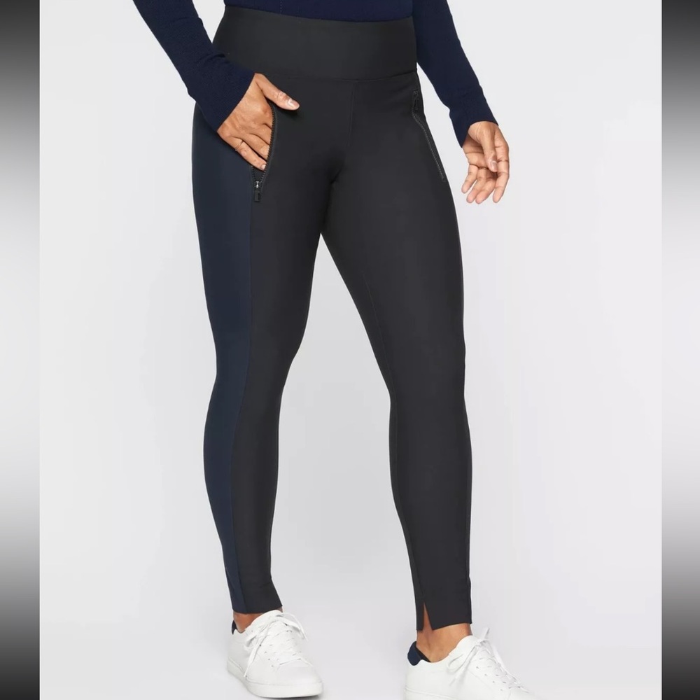 Athleta Stellar Tight Zip Stash Pockets Pants black Colorblock Split Hem sz S